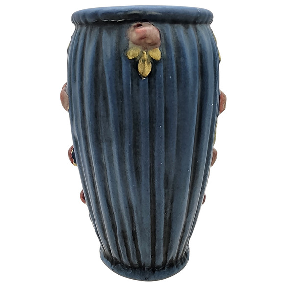 Vintage Weller Pottery Vase Blue Pleated Drapery With Vine Pink Roses 7” VG Cond - Picture 4 of 7